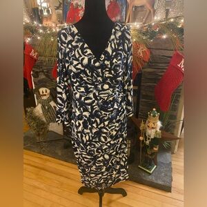 LRL Blue and White 3/4 Sleeve Abstract Faux Wrap Stretch Dress Size 14